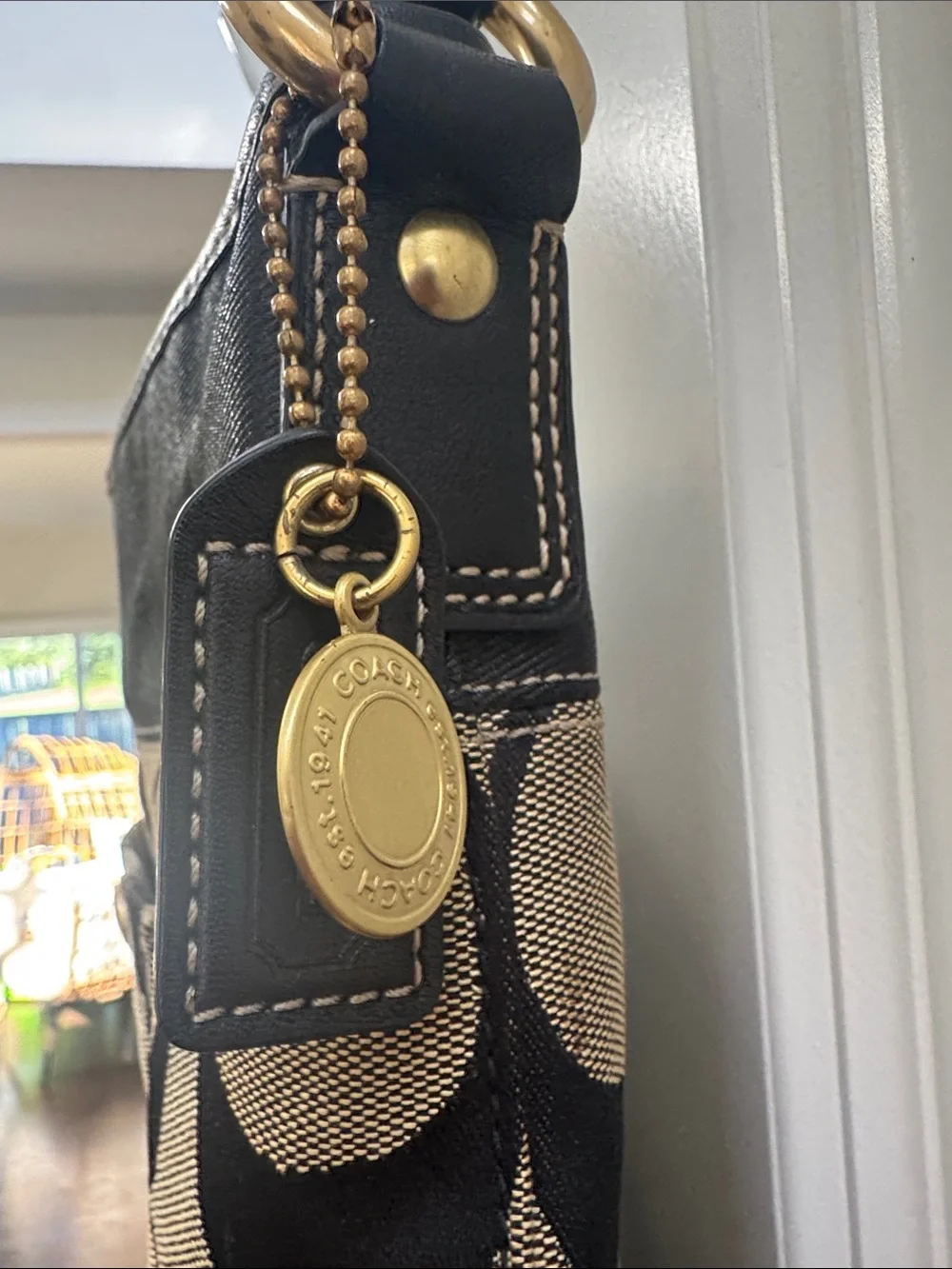 Coach Black and Khaki Signature Canvas Shoulder Bag